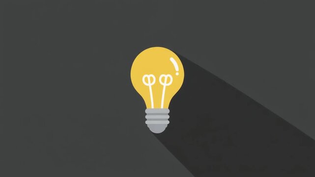 Minimalist yellow light bulb icon with long drop shadow on a dark gray background representing idea and innovation lightbulb creativity vector