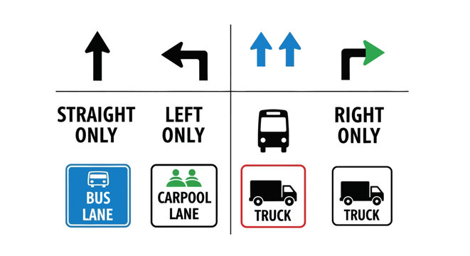 Collection of traffic signs indicating lane directions and vehicle types.