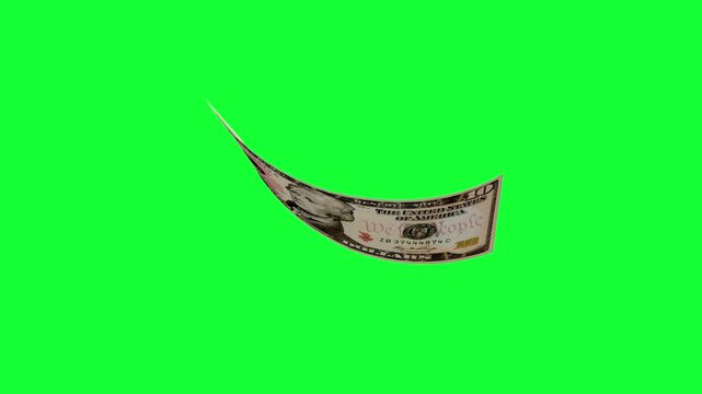 Ten dollar bill flips and bends in midair against a bright green chroma key background for money or finance compositing