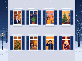 Apartment Building Windows at Night with Neighbors Celebrating Winter Holidays © Beyonc
