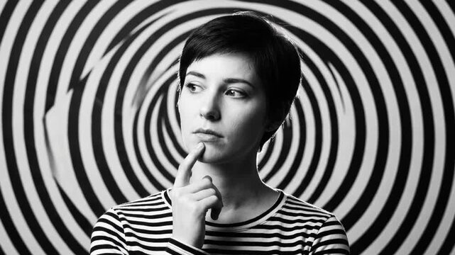 Woman thinking against a hypnotic spiral background, psychology and mind control concept
