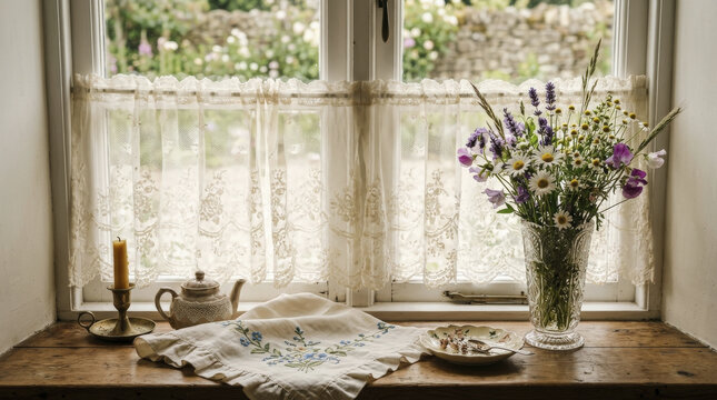 Rustic Window Sill with Vintage Lace Caf&eacute; Curtains, Wildflower Bouquet, and Cozy Teatime Setup.
