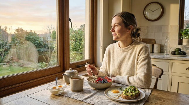 Serene morning ritual: Woman enjoys healthy breakfast within circadian fasting window, embracing mindful eating.