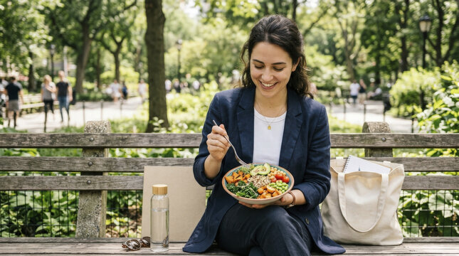 Professional woman enjoys healthy lunch outdoors, maintaining circadian fasting eating schedule and balanced nutrition.