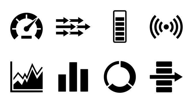 8 Data and Performance icons set dashboard gauge speed battery signal chart bar pie progress, UI web interface design