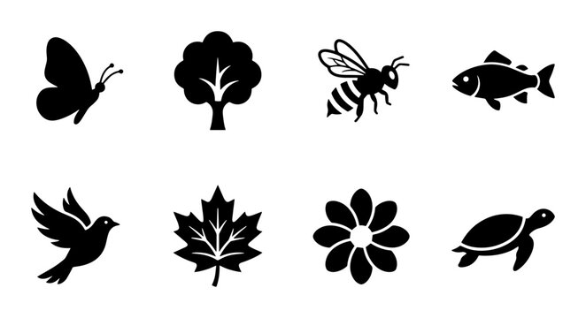 8 Nature Icons linear icon set butterfly tree bee fish bird leaf flower turtle, UI and web interface design