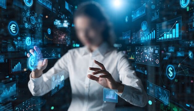 Businessman interacting with floating holographic financial charts and currency symbols in a futuristic digital environment, representing digital finance and advanced data analysis.