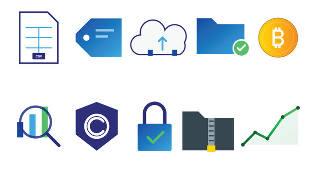 Data management and fintech icons showcasing digital storage security in a flat vector style for enterprise software development