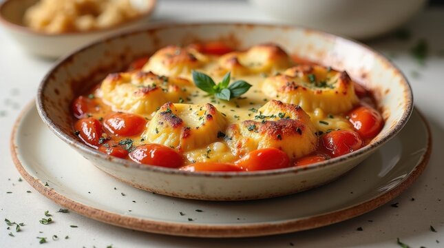 Grat&eacute;n de hinojo y tomate al horno con parmesano y tomillo fresco, servido en una pieza de gres artesanal