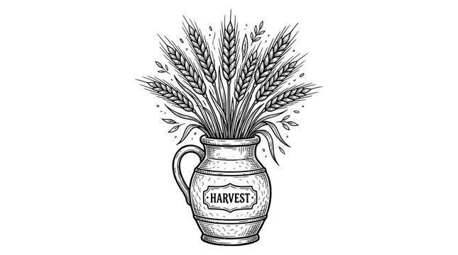 Hand-drawn Wheat Stalks in Vintage Pitcher, Harvest Illustration