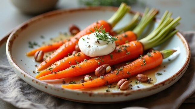 Zanahorias arco&iacute;ris al horno glaseadas con miel y tomillo, terminadas con ricota batida y avellanas tostadas