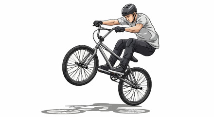 Obraz premium Young Cyclist Performing Wheelie Trick on BMX Bike Against Plain Background