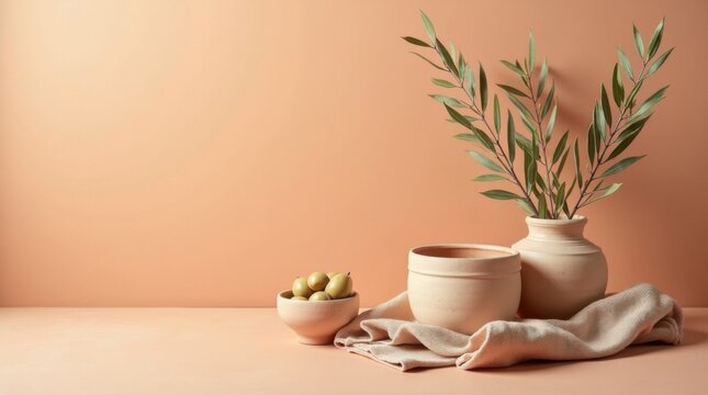 Superficie de yeso color arcilla con cer&aacute;mica artesanal, tela natural plegada y ramas de olivo