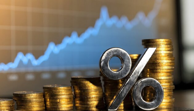 A silver percentage symbol and ascending stacks of golden coins against a blurred upward-trending financial graph, representing investment growth, interest rates, and economic success.