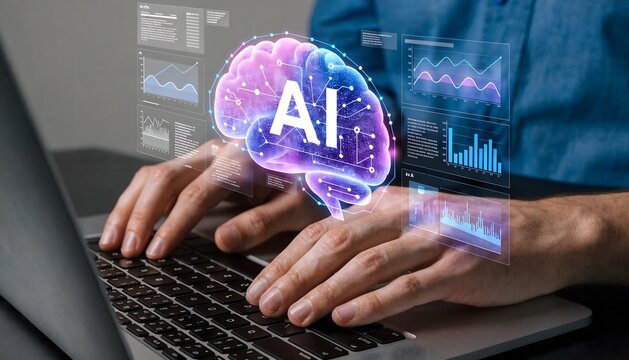 Close-up of hands typing on a laptop keyboard with a glowing holographic AI brain, data charts, and futuristic digital interface, representing artificial intelligence and modern technology.