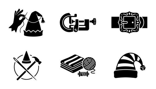 Crafting Icons: Sewing, Knitting, Tools, and Festive Hats, Vector Set for Creative Projects