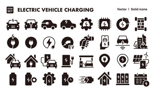 Electric Vehicle and EV Charging Icon Set &ndash; Solid Icon Style