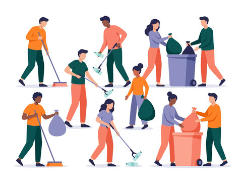 Community Volunteers Cleaning Street and Recycling Waste Flat Vector Illustration