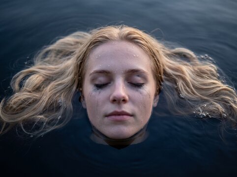 Sad woman face view under water 