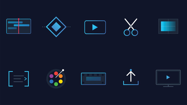 Video production software interface icons featuring timeline trimming and color grading elements in glowing vector style for digital content creation