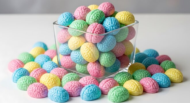 Colorful brain shaped candies in glass jar on white table