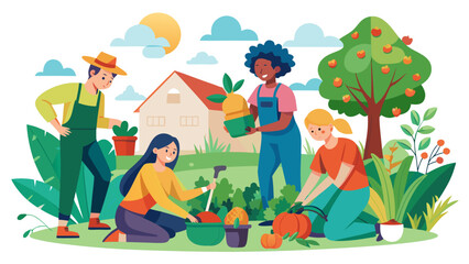 Fototapeta premium Group of People Planting Vegetables in Sunny Home Garden with Fruit Tree and House