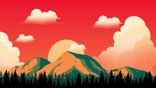 Minimalist flat design mountain landscape at sunset