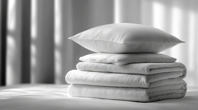 Stack of clean white folded towels and pillow