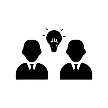 business idea generation and brain storming icon. two businessmen with light bulb, corporate creative innovation, solution finding and teamwork collaboration black glyph vector illustration.