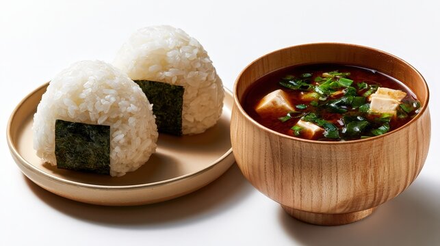 japanese breakfast, red miso soup and onigiri