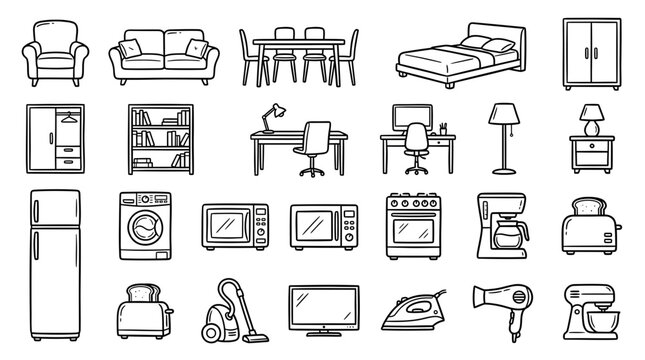 Hand-Drawn Furniture and Home Appliances Icon Set