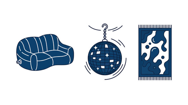 Inflatable Couch, Disco Ball, and Rug Icon Set