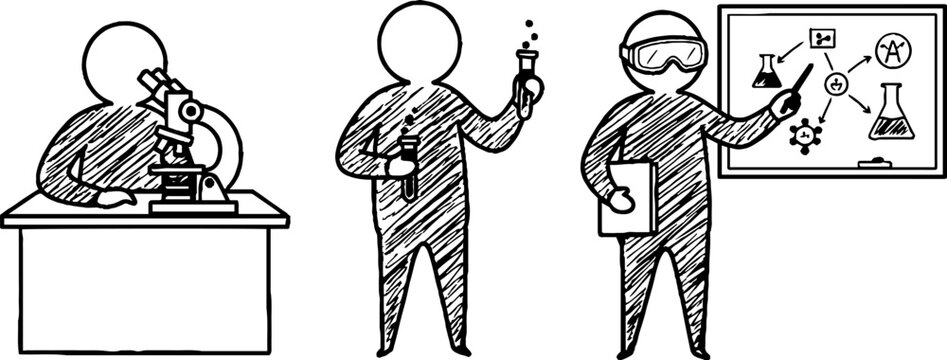 Cartoon scientists conducting research in laboratory setting.