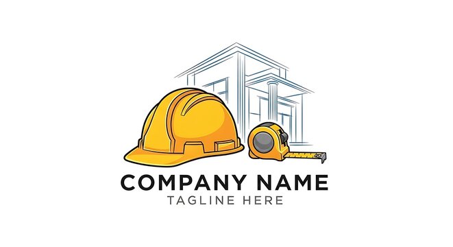 Yellow hard hat, tape measure, and house sketch for construction logo