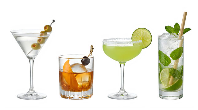 A collection of four classic alcoholic cocktails including a martini with olives, an old fashioned with ice and cherry, a green margarita with lime