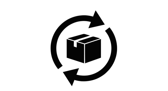 Vector illustration of icon of a cardboard box inside a circular refresh or recycle arrow symbol on a transparent background