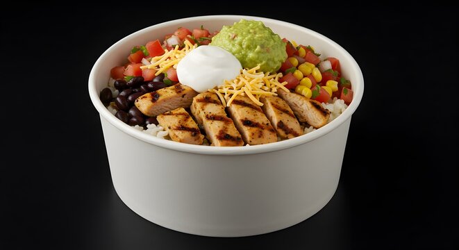 Grilled Chicken Burrito Bowl with Guacamole on Black Background