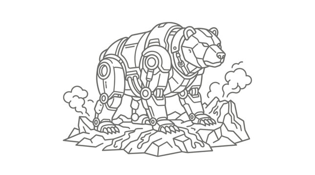 Robot bear cyborg walking profile.