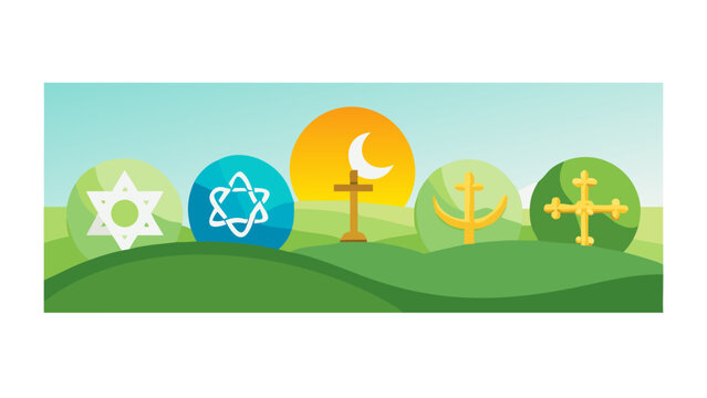 Religious Symbols on Rolling Hills Under Sun and Moon Vector Illustration