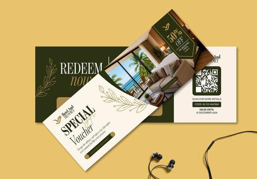 Luxury Hotel Resort Voucher Template with Elegant Discount Coupon Card and Premium Stay Promotion Design