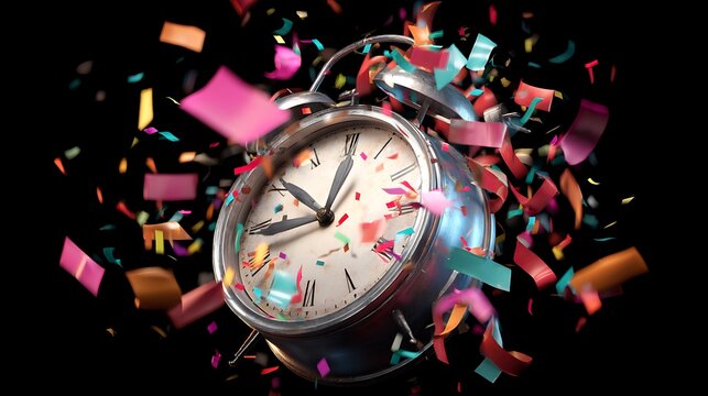 Abstract black background with colorful glowing particles and clock face
