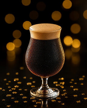 Nitro Cold Brew Coffee in Tulip Glass with Creamy Foam, Gold Bokeh Background and Star Confetti on Black Surface, Luxury New Year Celebration Beverage
