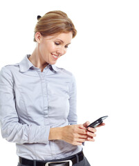 Naklejka premium Phone, space and businesswoman in studio with texting, chatting or communication on mobile app. Tech, contact and corporate employee with cellphone for online email for feedback on white background.
