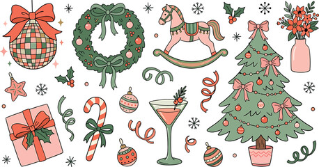 Fototapeta premium Set of cute handdrawn christmas elements including tree, wreath, gift, and ornaments