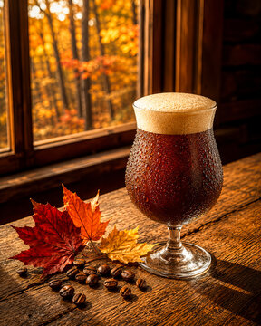 Nitro Cold Brew Coffee in Stemmed Glass with Creamy Foam and Condensation on Rustic Wood, Autumn Maple Leaves and Coffee Beans, Colorful Fall Forest Window View, Cozy Cabin