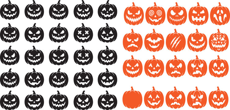 Set of twenty-five unique carved jack-o-lantern pumpkin faces vector illustrations with halloween silhouette illustration seasonal decoration celebration expression collection monstrous