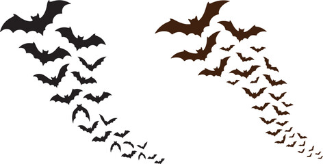Obraz premium Swarm of black silhouette bats flying in a scattered formation with silhouette halloween nocturnal creatures illustration scattered formation mysterious wildlife isolated creative