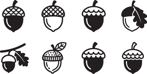 Black and white acorn icons in various styles Vector © Sazid