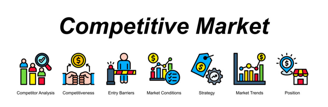 Competitive Market banner web icon vector illustration concept with an icon of Competitor Analysis, Competitiveness, Entry Barriers, Market Conditions, Strategy, Market Trends, Position 