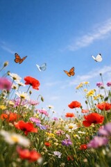 Obraz premium Vibrant flowers and butterflies skyward.